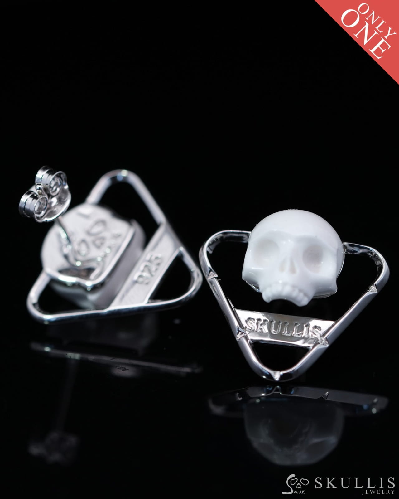 Gem Skull Earrings of White Jasper Carved Skull in 925 Sterling Silver-9800163 One of a Kind