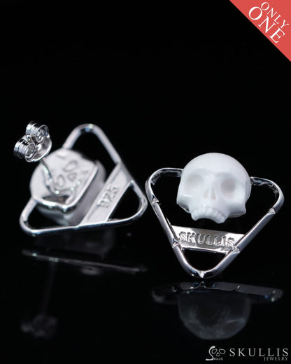 Gem Skull Earrings of White Jasper Carved Skull in 925 Sterling Silver-9800163 One of a Kind