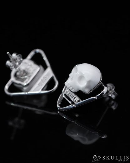 Gem Skull Earrings of White Jasper Carved Skull in 925 Sterling Silver-9800163 One of a Kind