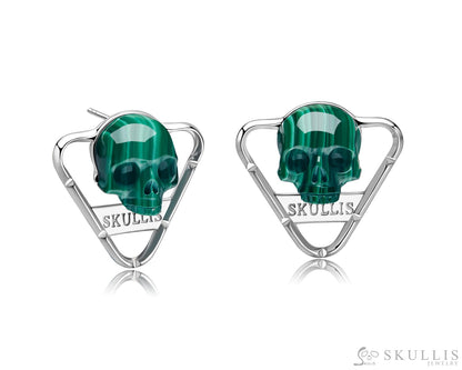 Skull Earrings of Malachite Carved Skull in 925 Sterling Silver Skull Earrings