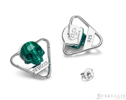 Skull Earrings of Malachite Carved Skull in 925 Sterling Silver Skull Earrings