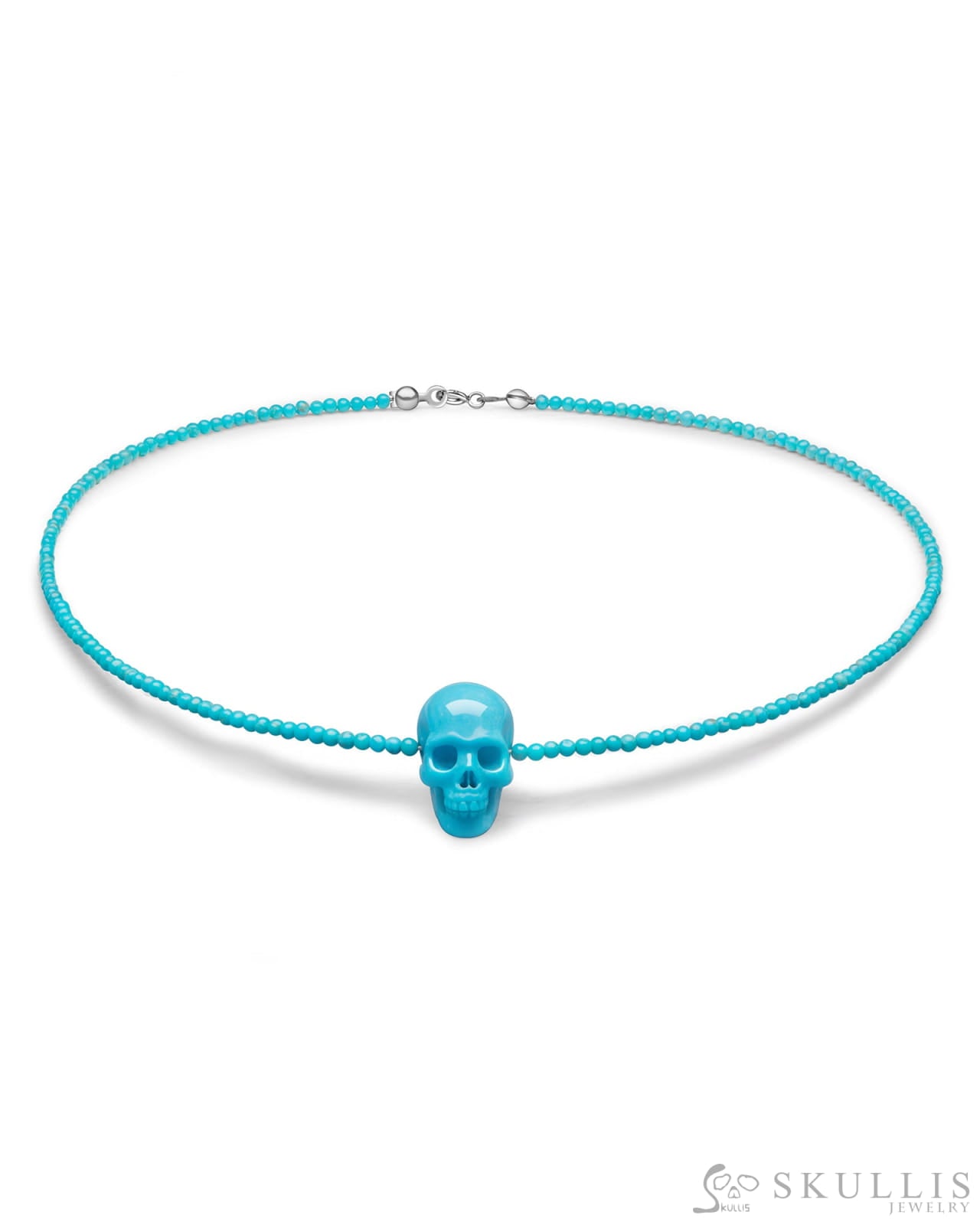 Gem Skull Pendant Necklace of American Turquoise Beads Carved Skull in 925 Silver Clasp Bail Skull Pendants