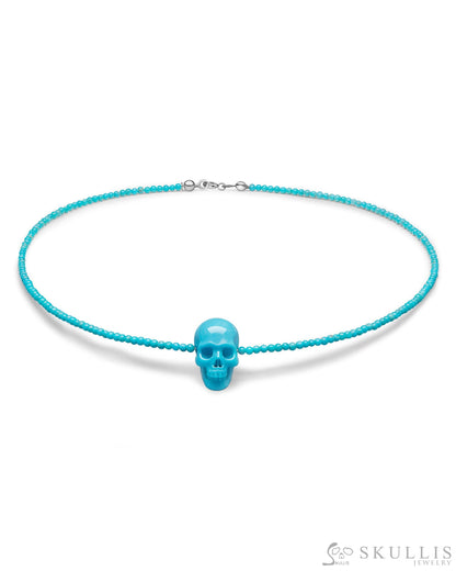 Gem Skull Pendant Necklace of American Turquoise Beads Carved Skull in 925 Silver Clasp Bail Skull Pendants