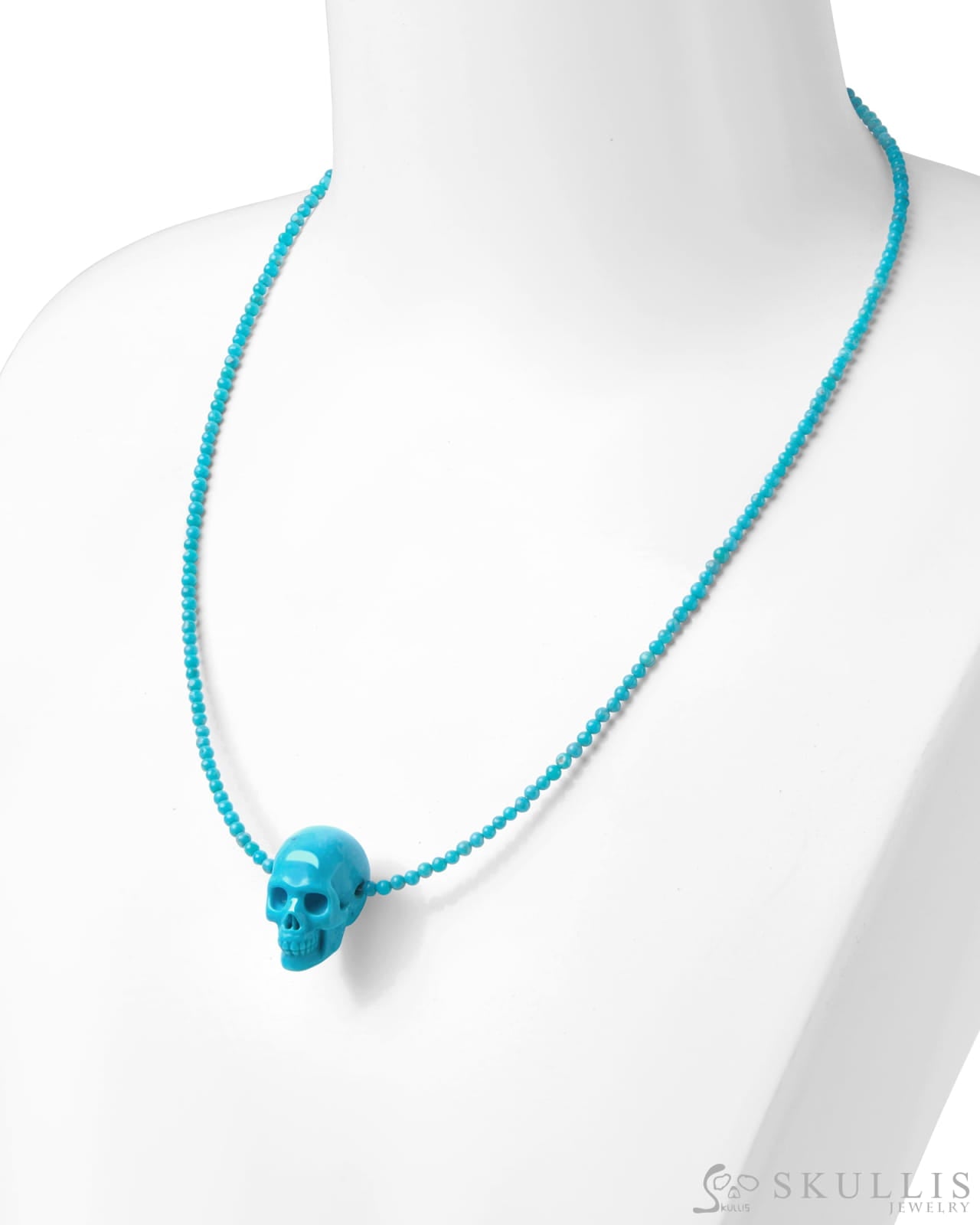 Gem Skull Pendant Necklace of American Turquoise Beads Carved Skull in 925 Silver Clasp Bail Skull Pendants