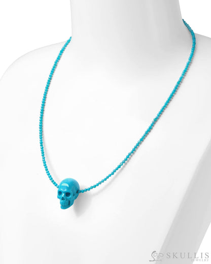 Gem Skull Pendant Necklace of American Turquoise Beads Carved Skull in 925 Silver Clasp Bail Skull Pendants