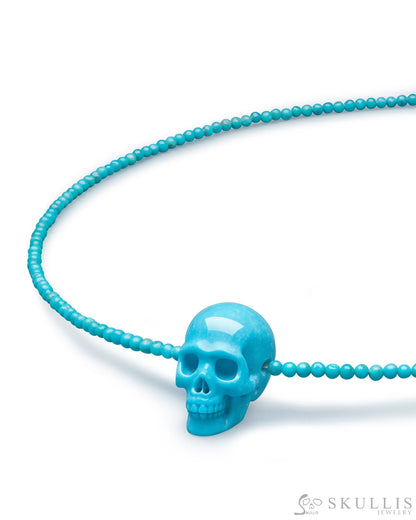 Gem Skull Pendant Necklace of American Turquoise Beads Carved Skull in 925 Silver Clasp Bail Skull Pendants