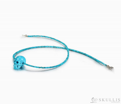 Gem Skull Pendant Necklace of American Turquoise Beads Carved Skull in 925 Silver Clasp Bail Skull Pendants