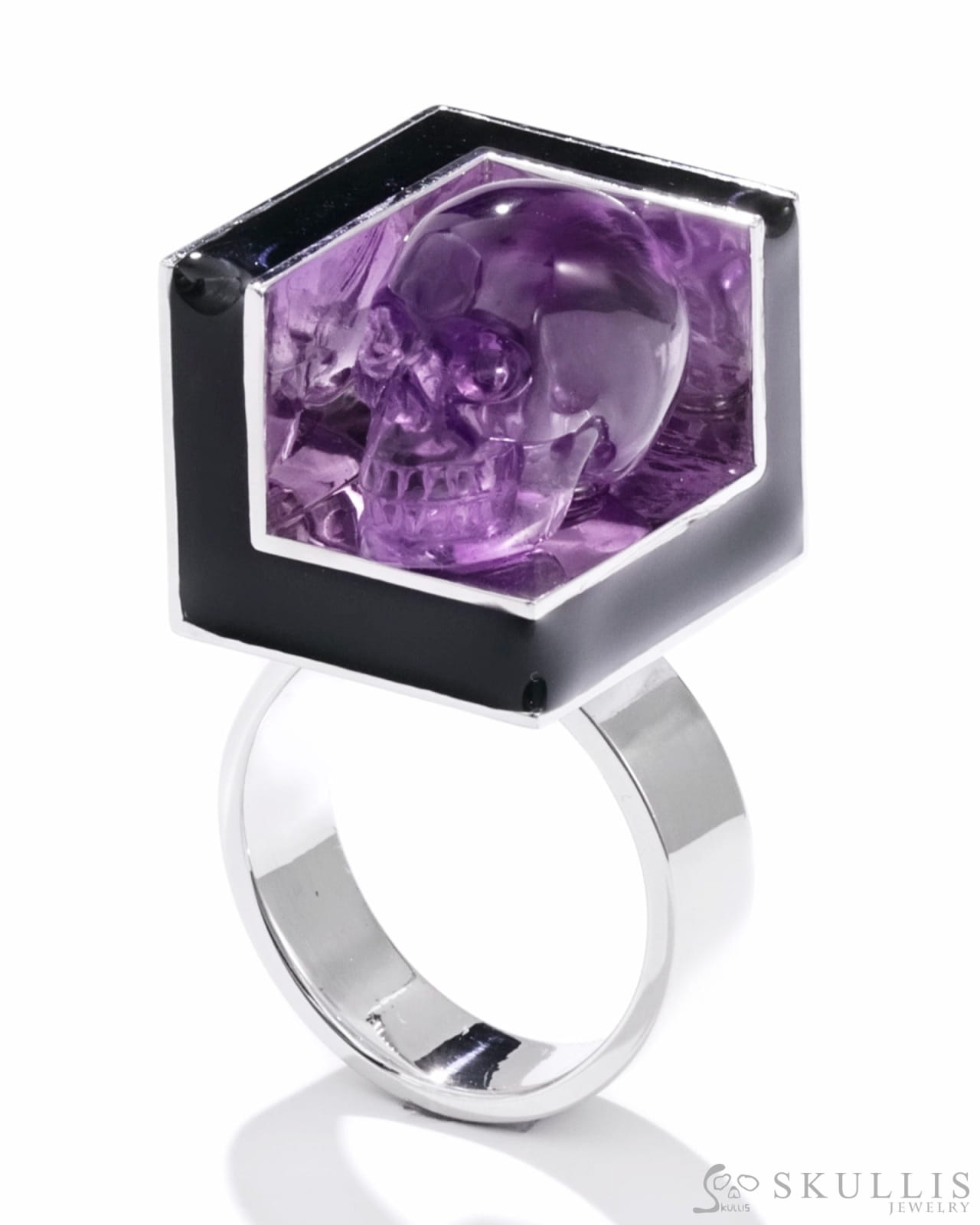 Gem Skull Ring of Amethyst Carved Skull in 925 Sterling Silver with Black Enamel Skull Rings