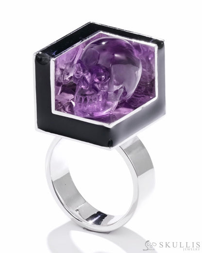 Gem Skull Ring of Amethyst Carved Skull in 925 Sterling Silver with Black Enamel Skull Rings