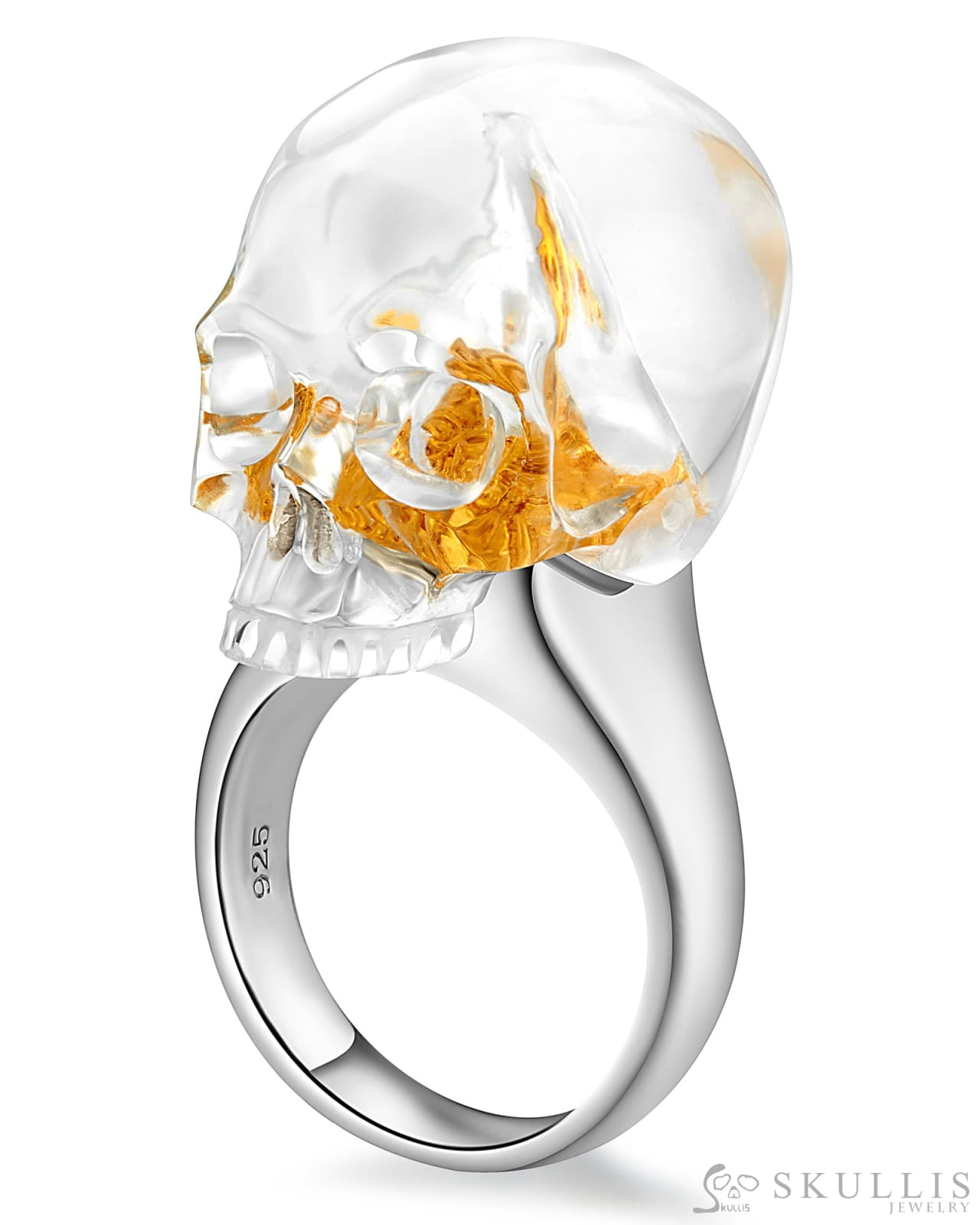 Gem Skull Ring of Quartz Rock Crystal Carved Skull in 925 Sterling Silver Skull Rings