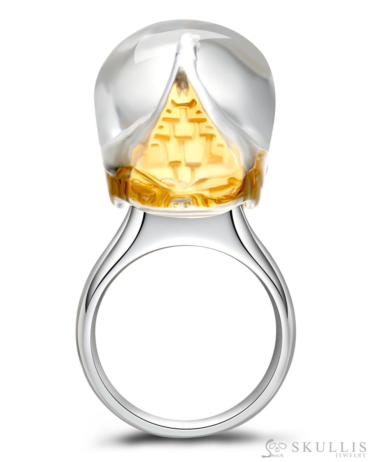 Gem Skull Ring of Quartz Rock Crystal Carved Skull in 925 Sterling Silver Skull Rings