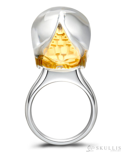 Gem Skull Ring of Quartz Rock Crystal Carved Skull in 925 Sterling Silver Skull Rings