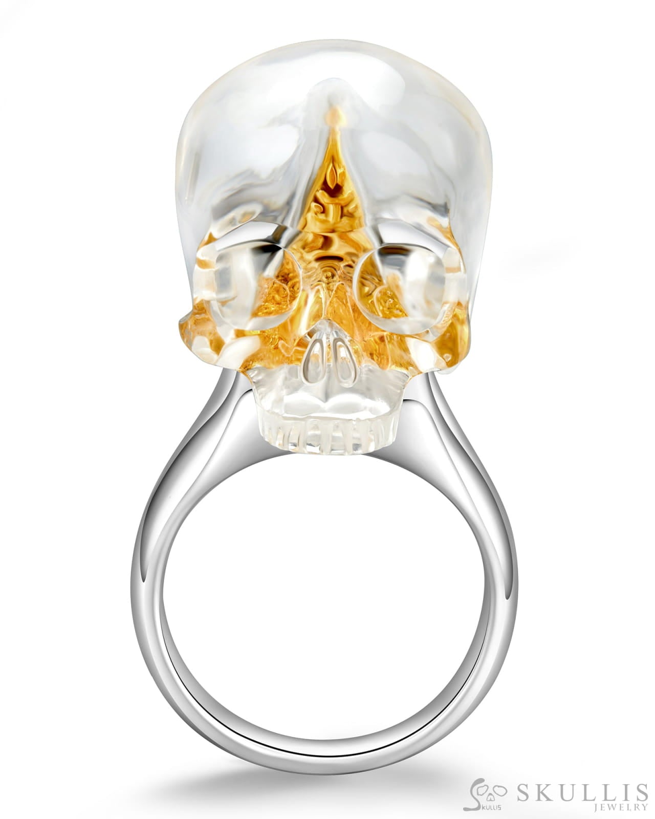 Gem Skull Ring of Quartz Rock Crystal Carved Skull in 925 Sterling Silver Skull Rings