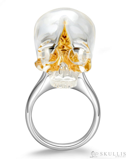 Gem Skull Ring of Quartz Rock Crystal Carved Skull in 925 Sterling Silver Skull Rings
