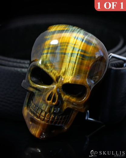 Gem Skull Buckle of Blue & Gold Tiger’s Eye Carved Skull with Genuine Leather - 0500011 Skull Buckles
