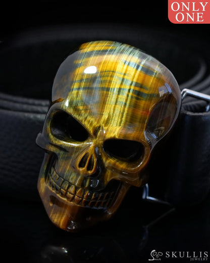 Gem Skull Buckle of Blue & Gold Tiger’s Eye Carved Skull with Genuine Leather - 0500011 Skull Buckles