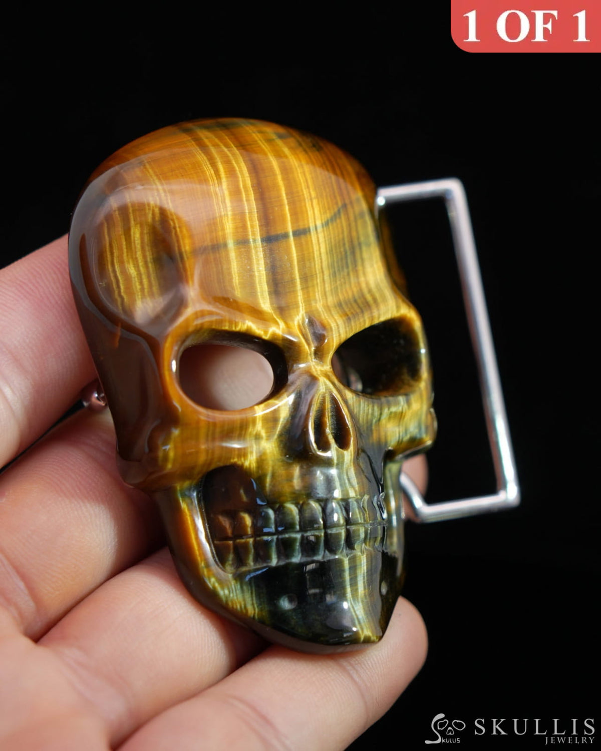 Gem Skull Buckle of Blue & Gold Tiger’s Eye Carved Skull with Genuine Leather - 9500111 Skull Buckles