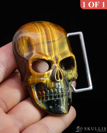 Gem Skull Buckle of Blue & Gold Tiger’s Eye Carved Skull with Genuine Leather - 9500111 Skull Buckles