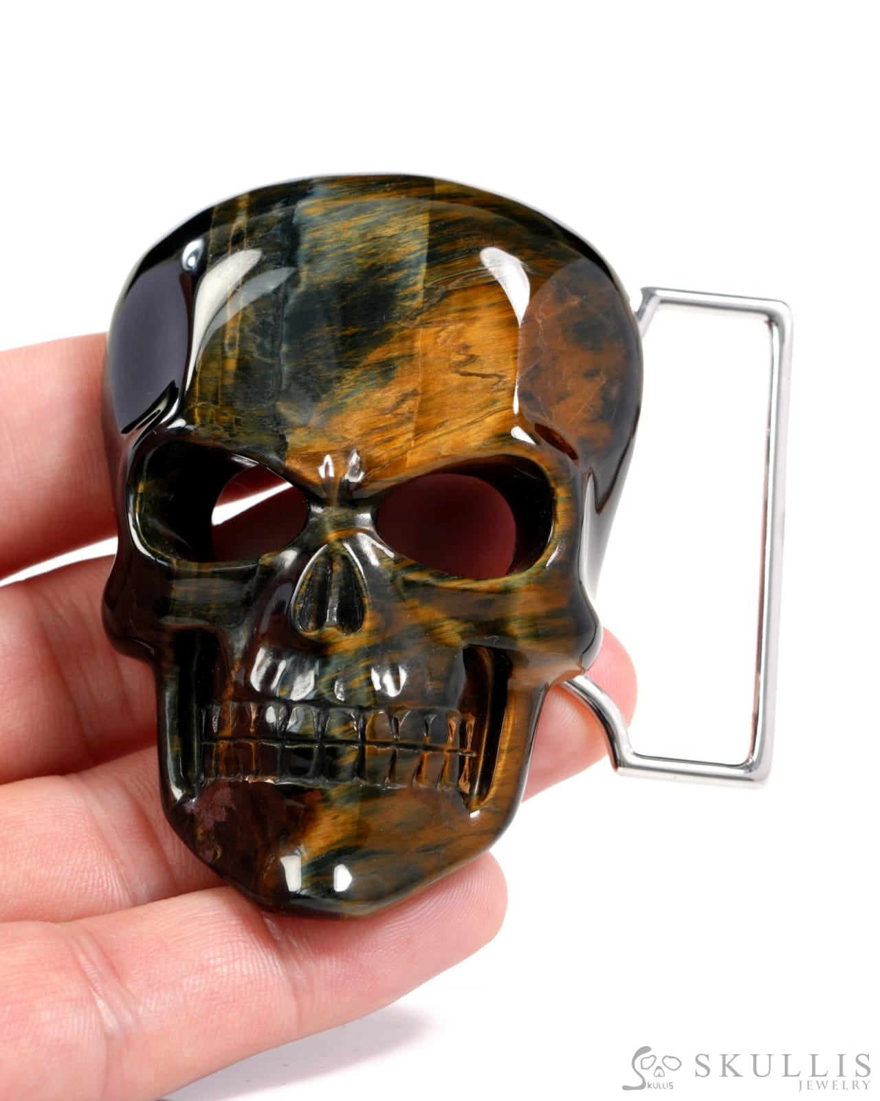 Gem Skull Buckle of Blue & Gold Tiger’s Eye Carved Skull with Genuine Leather - 9500327 Skull Buckles