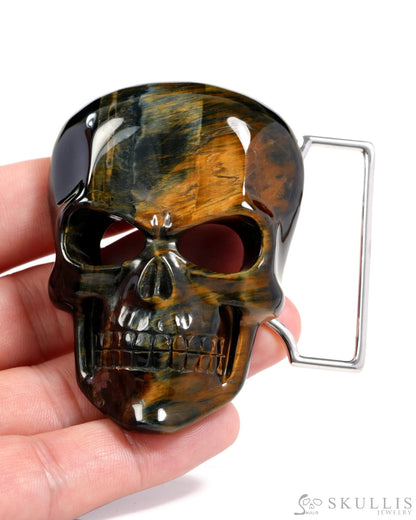 Gem Skull Buckle of Blue & Gold Tiger’s Eye Carved Skull with Genuine Leather - 9500327 Skull Buckles