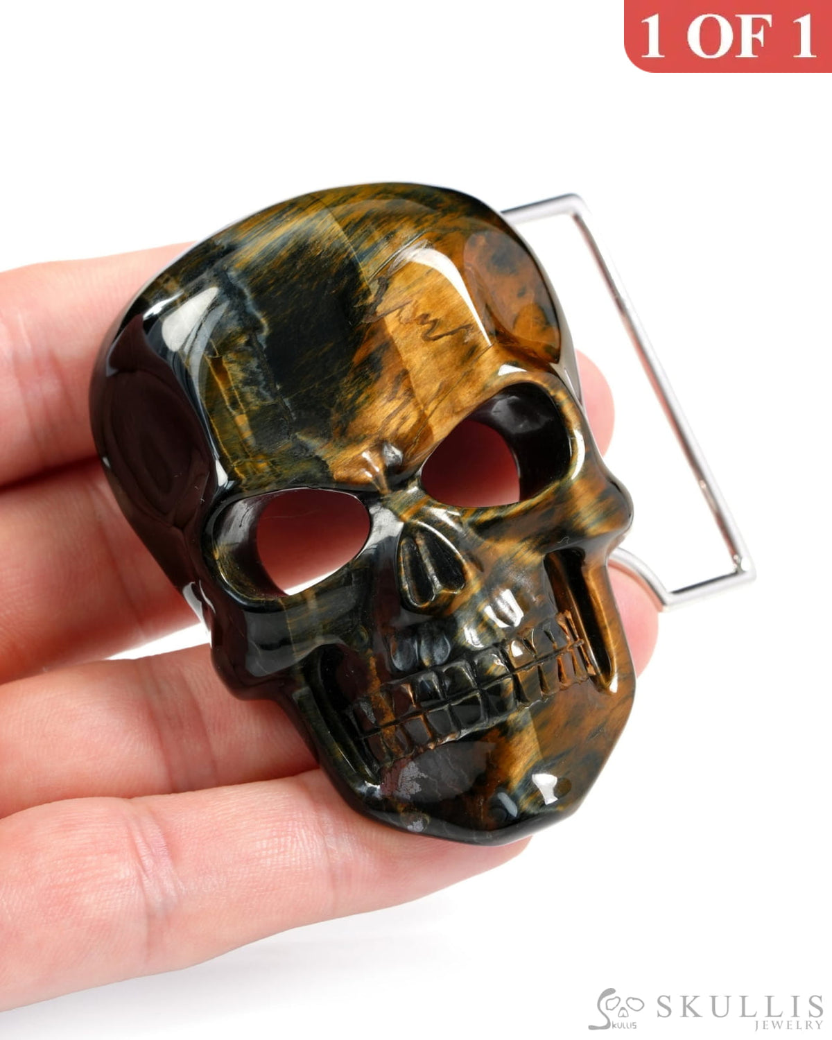 Gem Skull Buckle of Blue & Gold Tiger’s Eye Carved Skull with Genuine Leather - 9500327 Skull Buckles