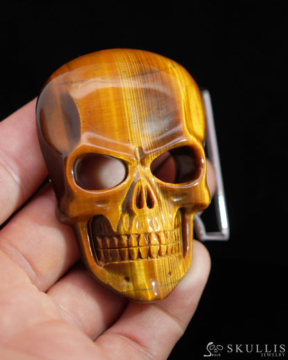 Gem Skull Buckle of Gold Tiger’s Eye Carved Skull with Genuine Leather - 0500010 Skull Buckles