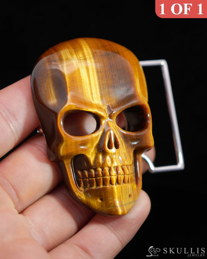Gem Skull Buckle of Gold Tiger’s Eye Carved Skull with Genuine Leather - 0500010 Skull Buckles