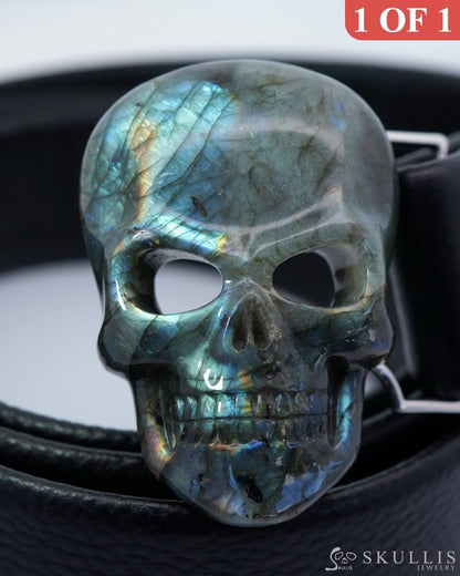 Gem Skull Buckle of Labradorite Carved Skull with Genuine Leather - 0500012 Skull Buckles