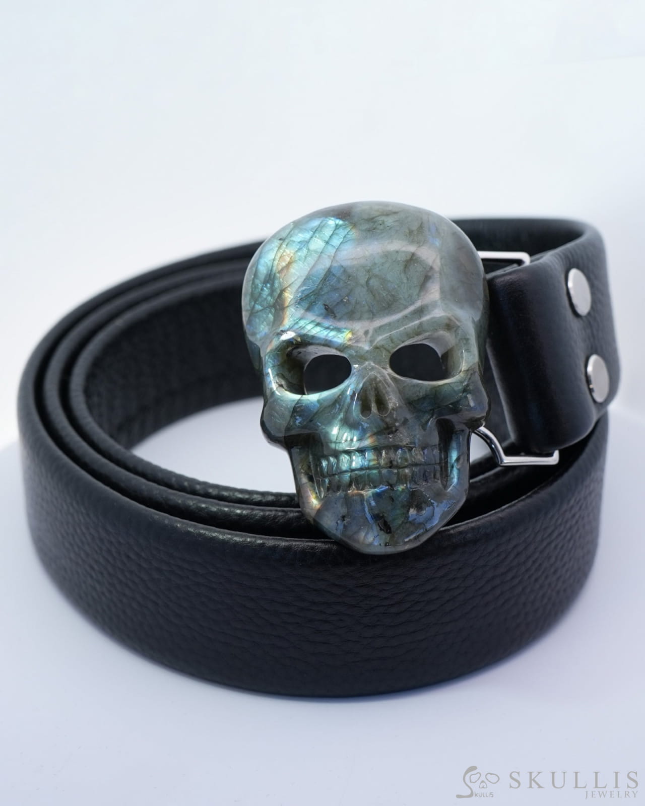 Gem Skull Buckle of Labradorite Carved Skull with Genuine Leather - 0500012 Skull Buckles