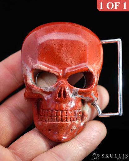 Gem Skull Buckle of Red Jasper Carved Skull with Genuine Leather-9500110 Skull Buckles