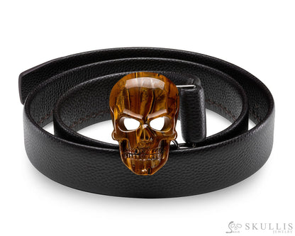 Gem Skull Buckle of Tiger Iron Eye Carved Skull with Genuine Leather Skull Buckles