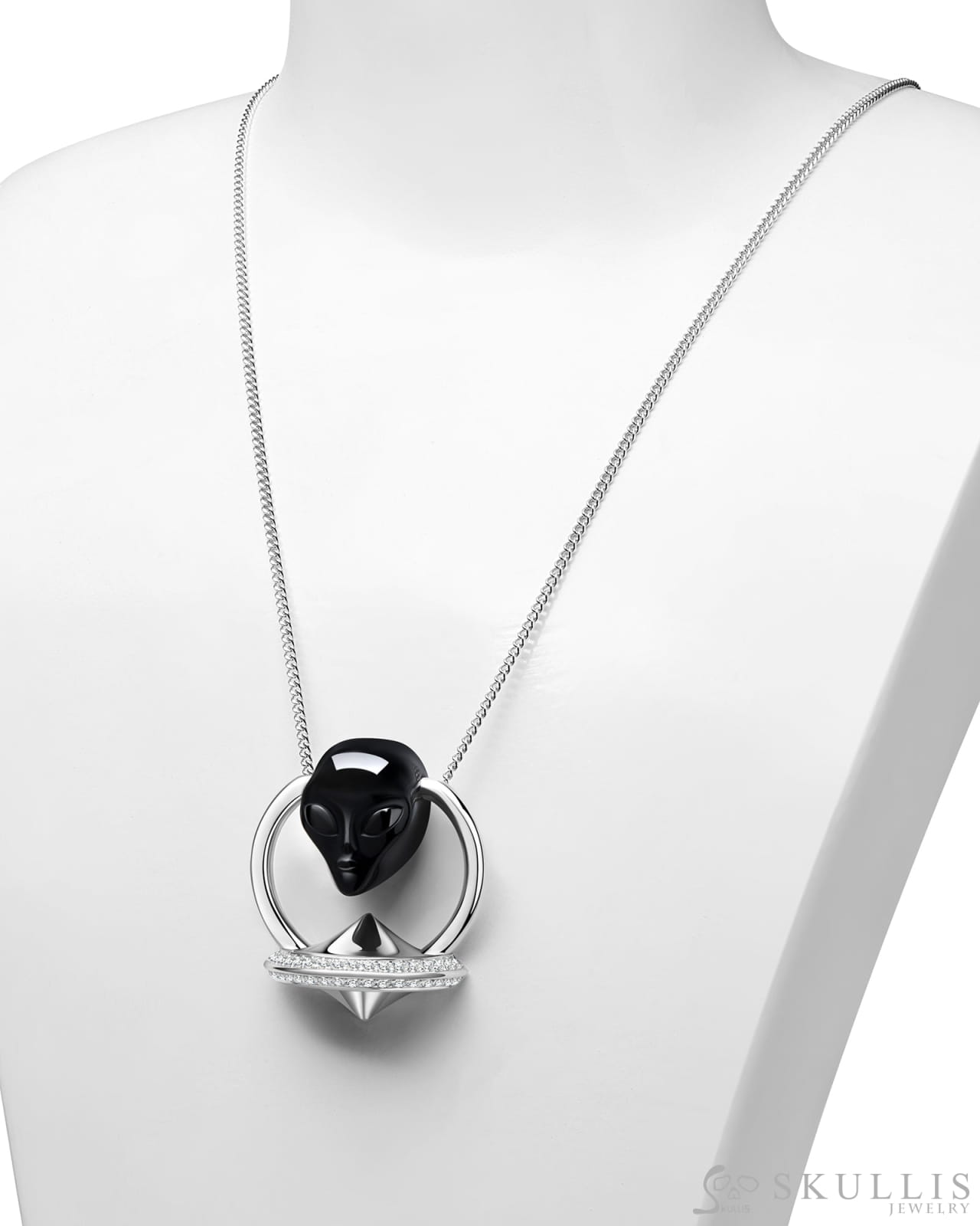 Gem Skull Pendant Necklace of Black Obsidian Carved Alien in 925 Silver UFO Skull Pendants