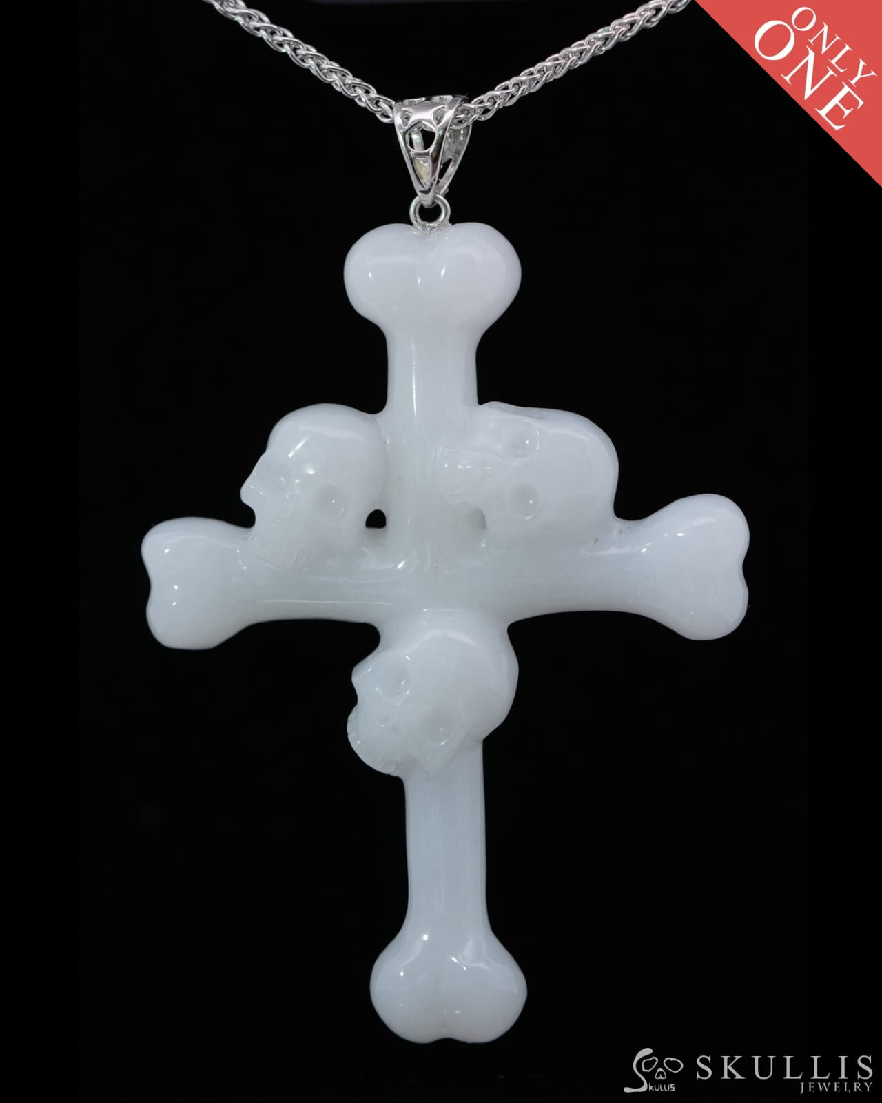 Triad Crystal Skull Pendant - White Jade Carved Crystal Skull Trio and Bones Cross Pendant Sterling Silver 925 Chain