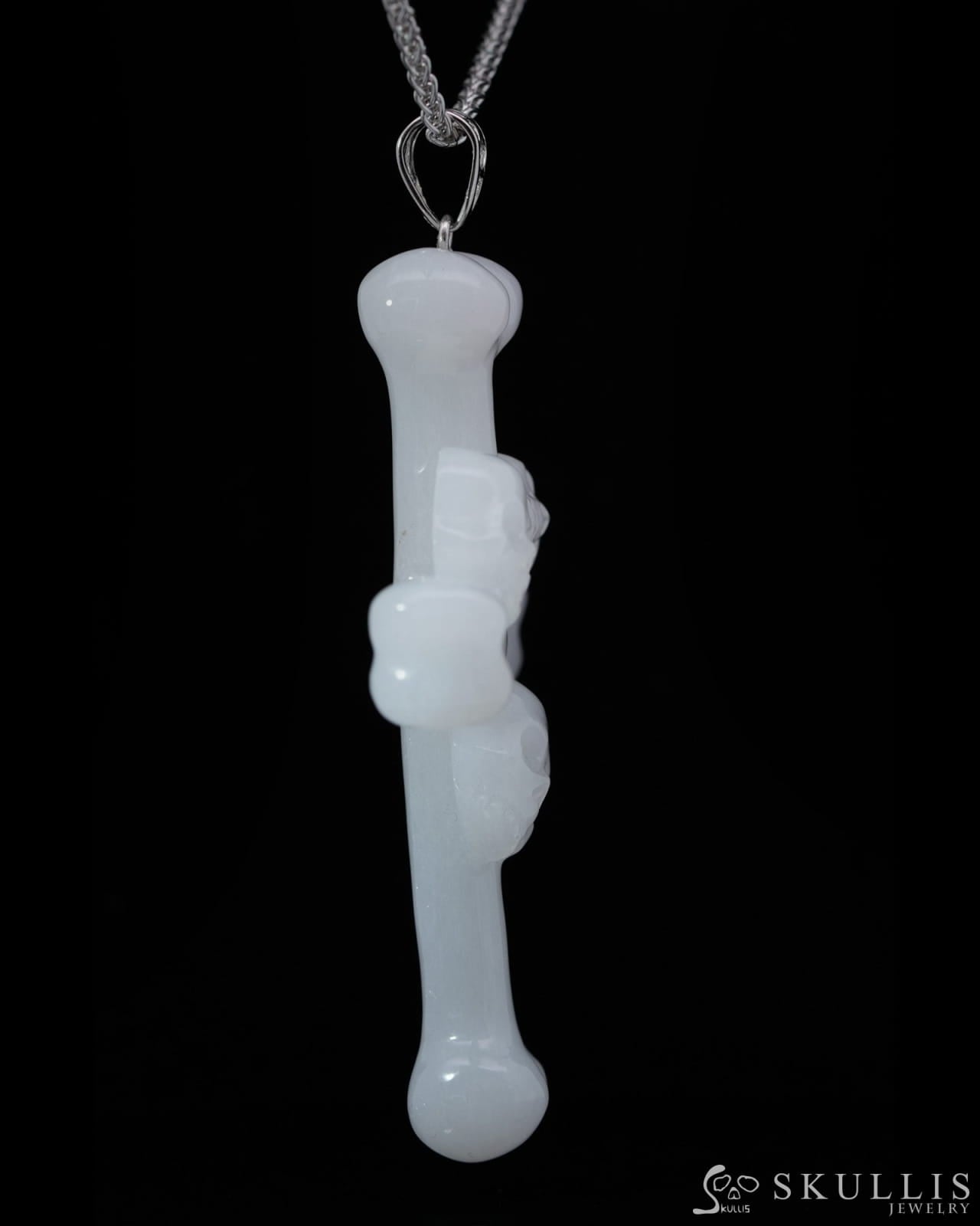 Triad Crystal Skull Pendant - White Jade Carved Crystal Skull Trio and Bones Cross Pendant Sterling Silver 925 Chain