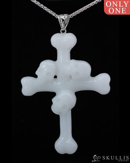 Triad Crystal Skull Pendant - White Jade Carved Crystal Skull Trio and Bones Cross Pendant Sterling Silver 925 Chain
