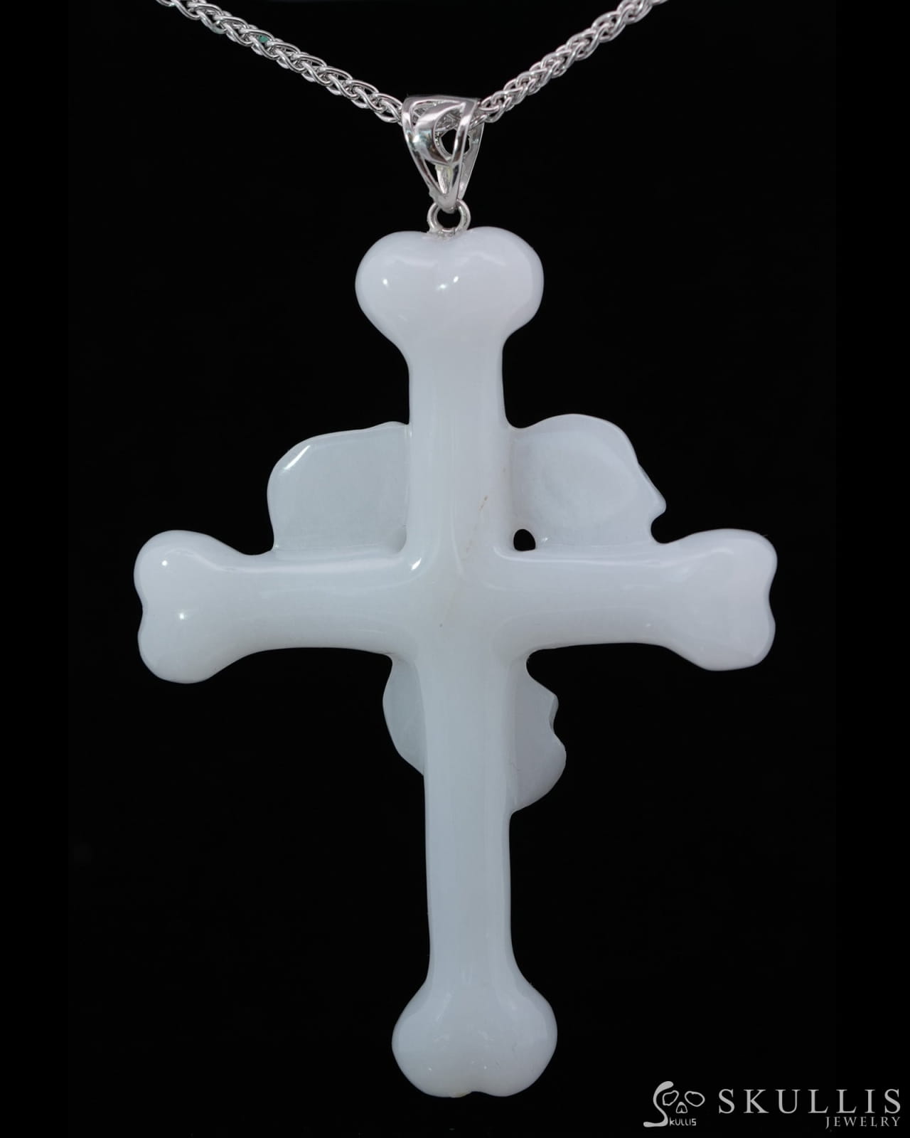 Triad Crystal Skull Pendant - White Jade Carved Crystal Skull Trio and Bones Cross Pendant Sterling Silver 925 Chain
