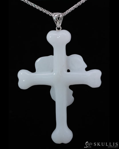 Triad Crystal Skull Pendant - White Jade Carved Crystal Skull Trio and Bones Cross Pendant Sterling Silver 925 Chain