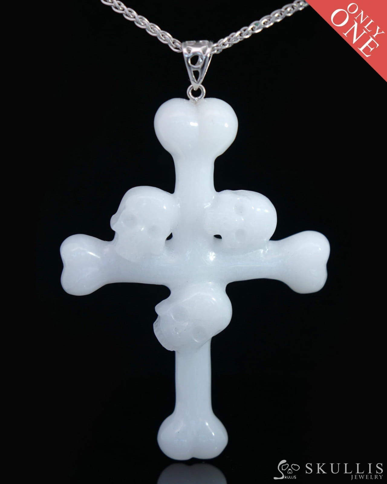 Triad Crystal Skull Pendant - White Jade Carved Crystal Skull Trio and Bones Cross Pendant Sterling Silver 925 Chain