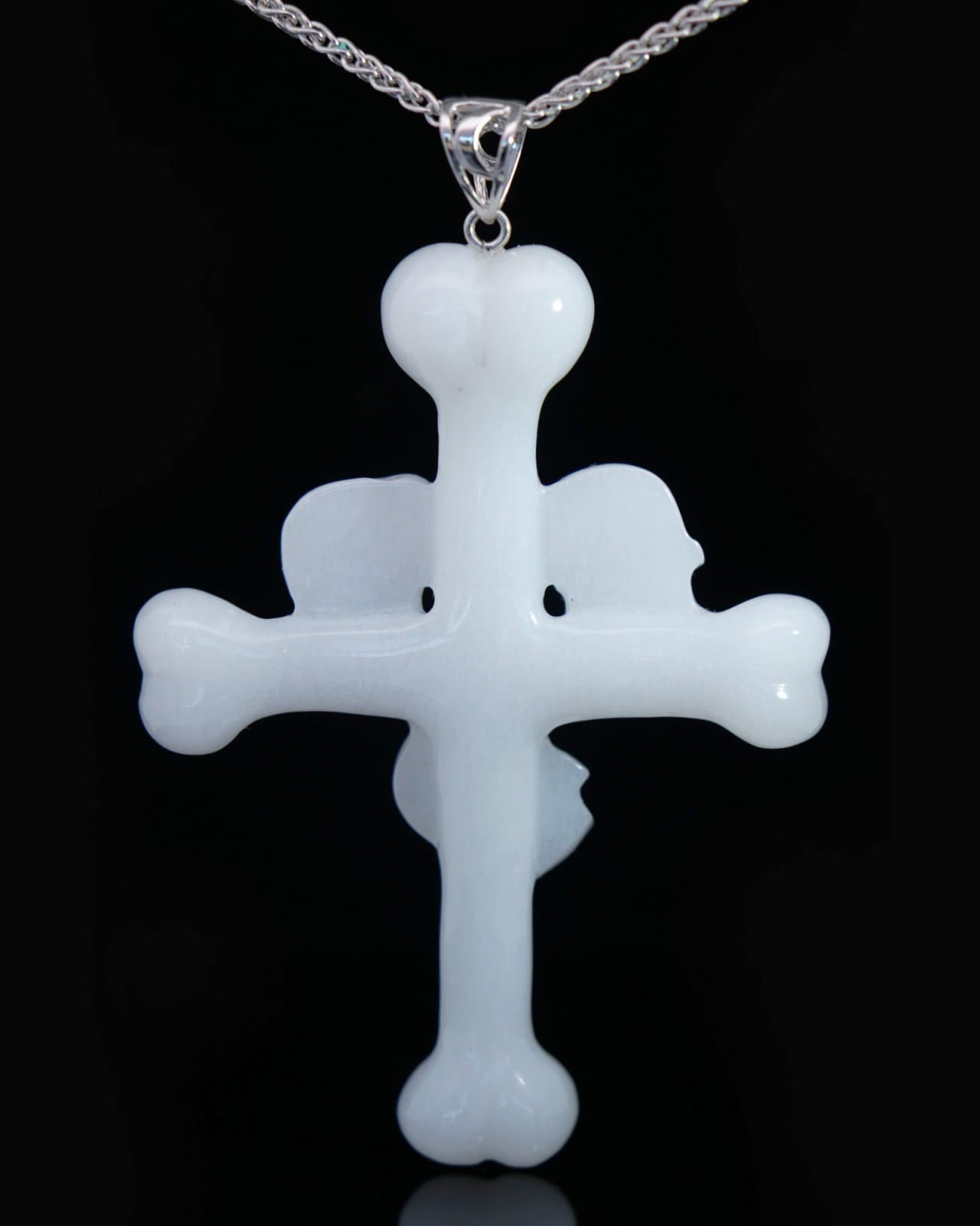 Triad Crystal Skull Pendant - White Jade Carved Crystal Skull Trio and Bones Cross Pendant Sterling Silver 925 Chain