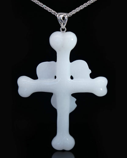Triad Crystal Skull Pendant - White Jade Carved Crystal Skull Trio and Bones Cross Pendant Sterling Silver 925 Chain