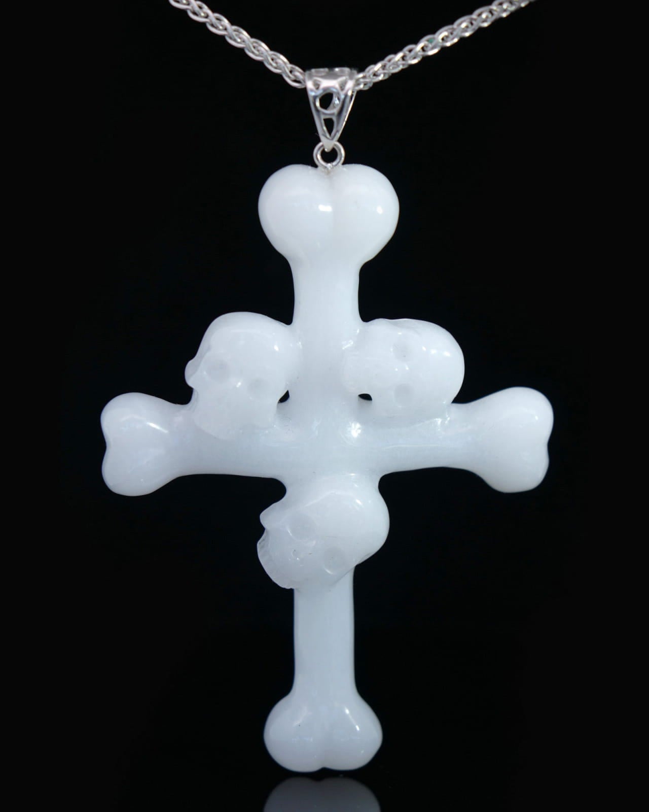 Triad Crystal Skull Pendant - White Jade Carved Crystal Skull Trio and Bones Cross Pendant Sterling Silver 925 Chain