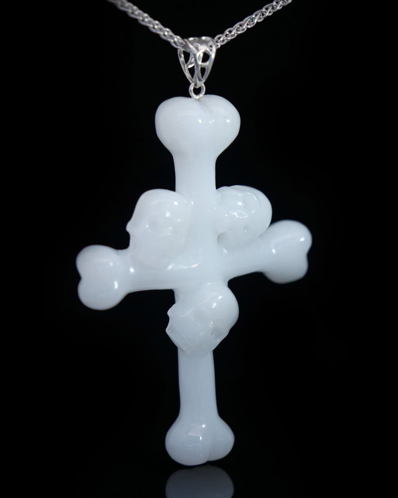 Triad Crystal Skull Pendant - White Jade Carved Crystal Skull Trio and Bones Cross Pendant Sterling Silver 925 Chain