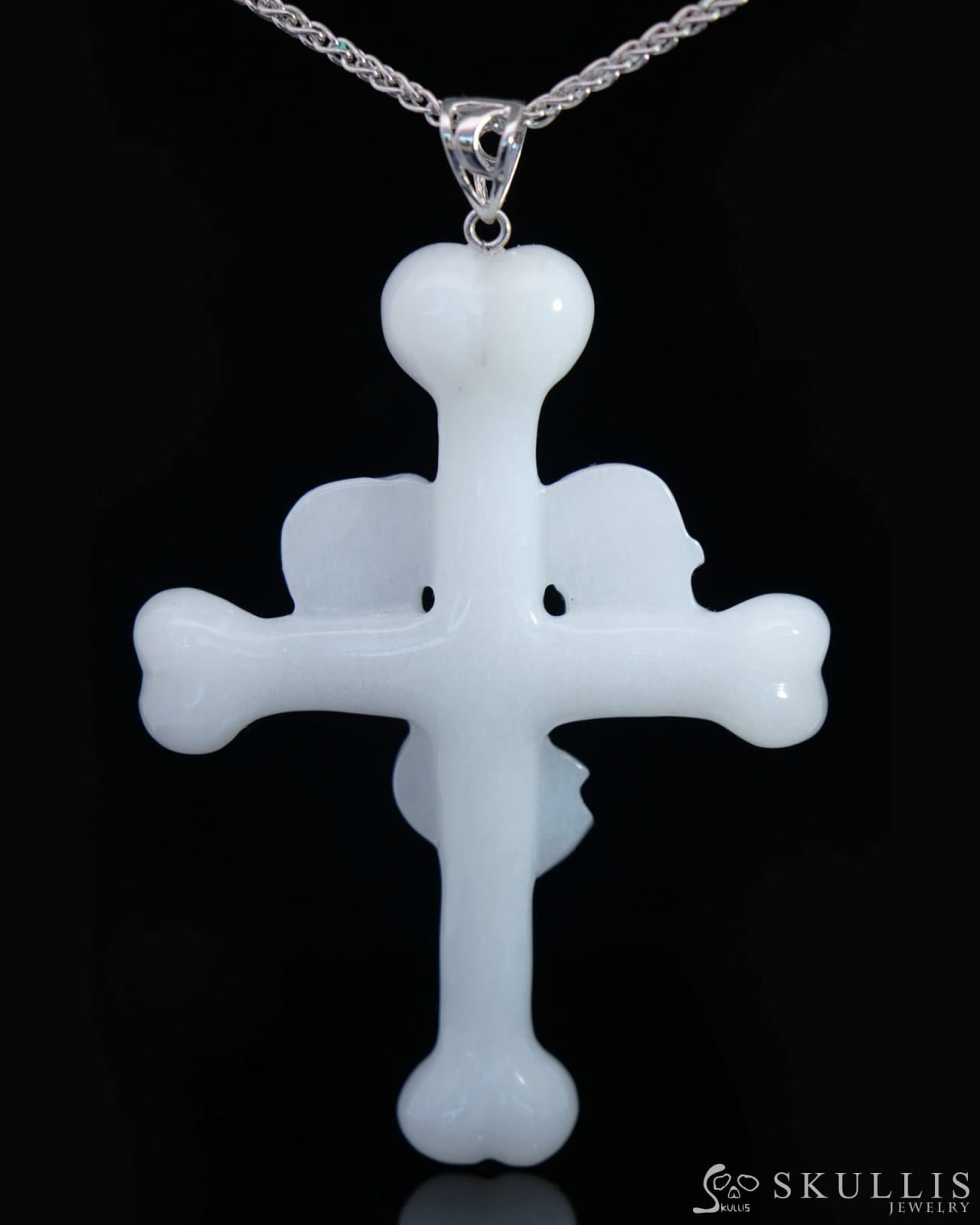 Triad Crystal Skull Pendant - White Jade Carved Crystal Skull Trio and Bones Cross Pendant Sterling Silver 925 Chain