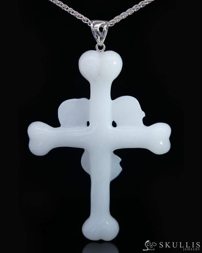Triad Crystal Skull Pendant - White Jade Carved Crystal Skull Trio and Bones Cross Pendant Sterling Silver 925 Chain