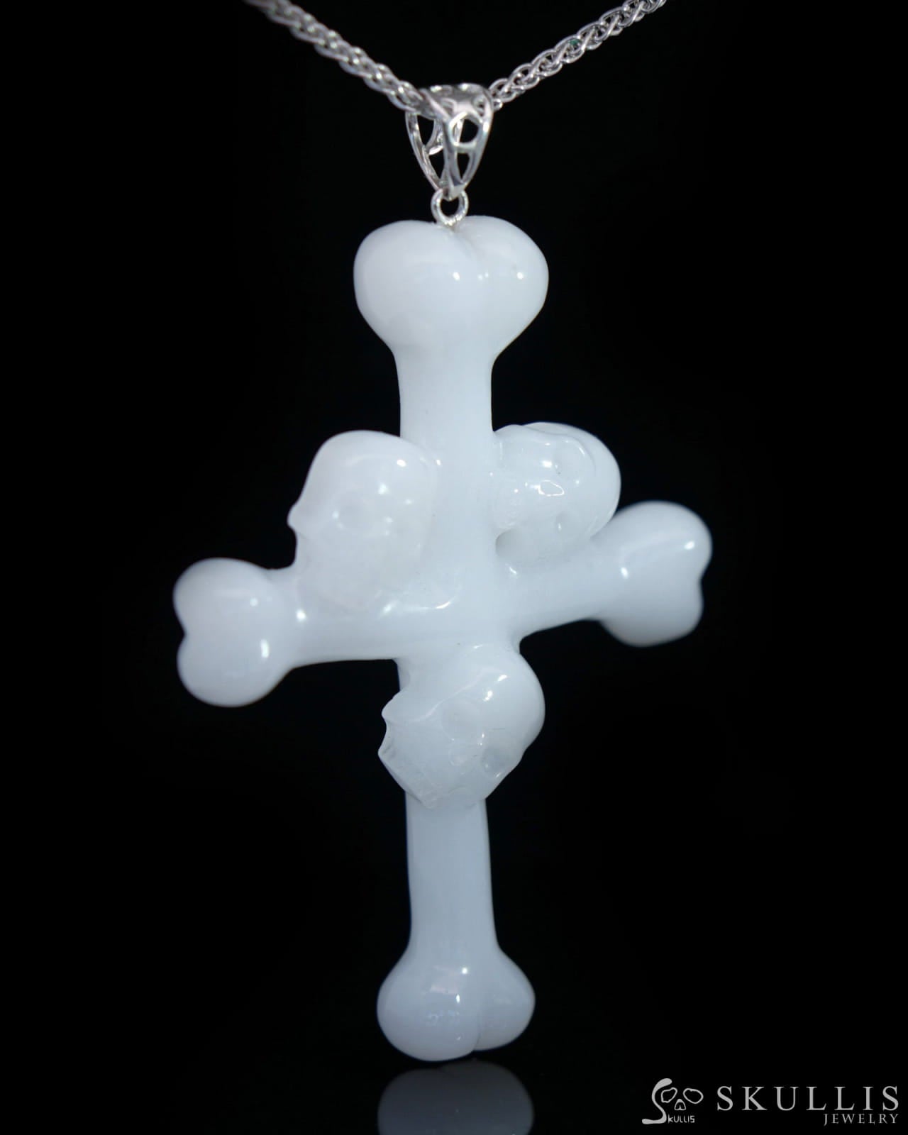 Triad Crystal Skull Pendant - White Jade Carved Crystal Skull Trio and Bones Cross Pendant Sterling Silver 925 Chain