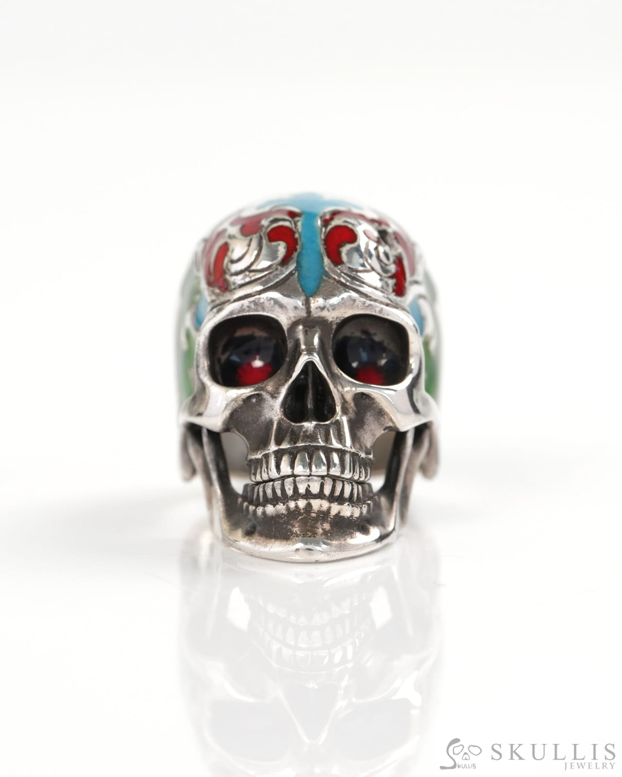 Vein of Life - Gem Skull Ring of Cloisonné with 925 Sterling Silver Carved Skull US size 8 - Y9900375 - Skull Rings