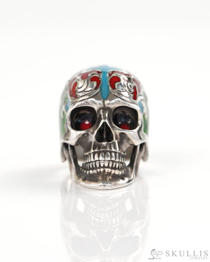 Vein of Life - Gem Skull Ring of Cloisonné with 925 Sterling Silver Carved Skull US size 8 - Y9900375 - Skull Rings