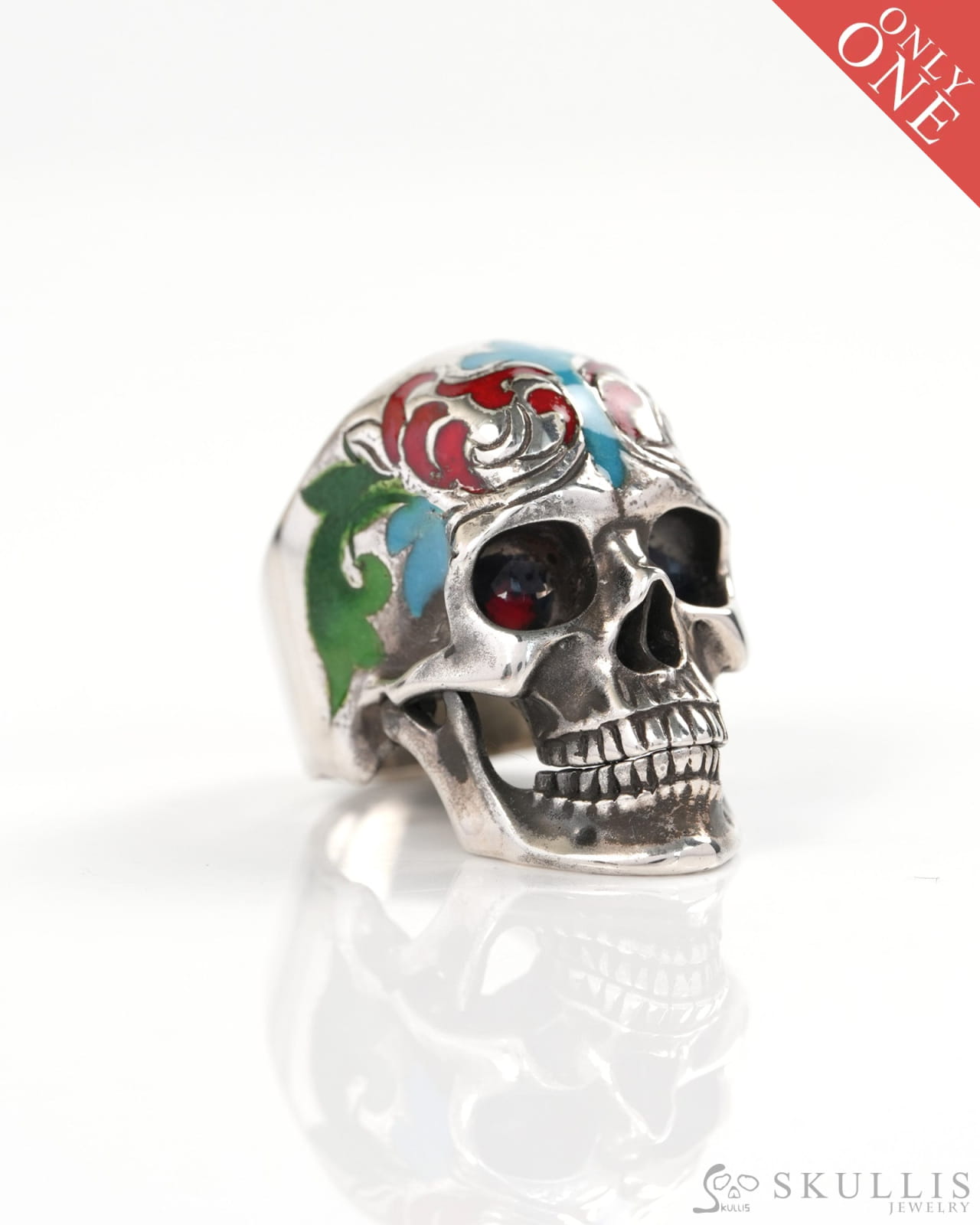 Vein of Life - Gem Skull Ring of Cloisonné with 925 Sterling Silver Carved Skull US size 8 - Y9900375 - Skull Rings