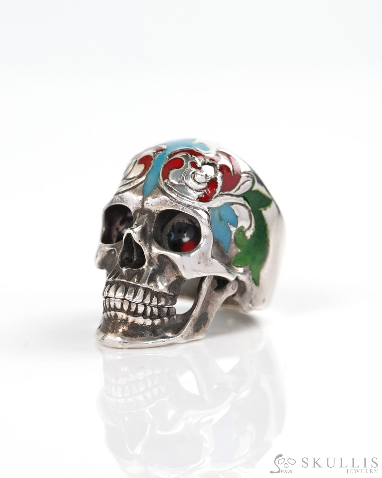 Vein of Life - Gem Skull Ring of Cloisonné with 925 Sterling Silver Carved Skull US size 8 - Y9900375 - Skull Rings