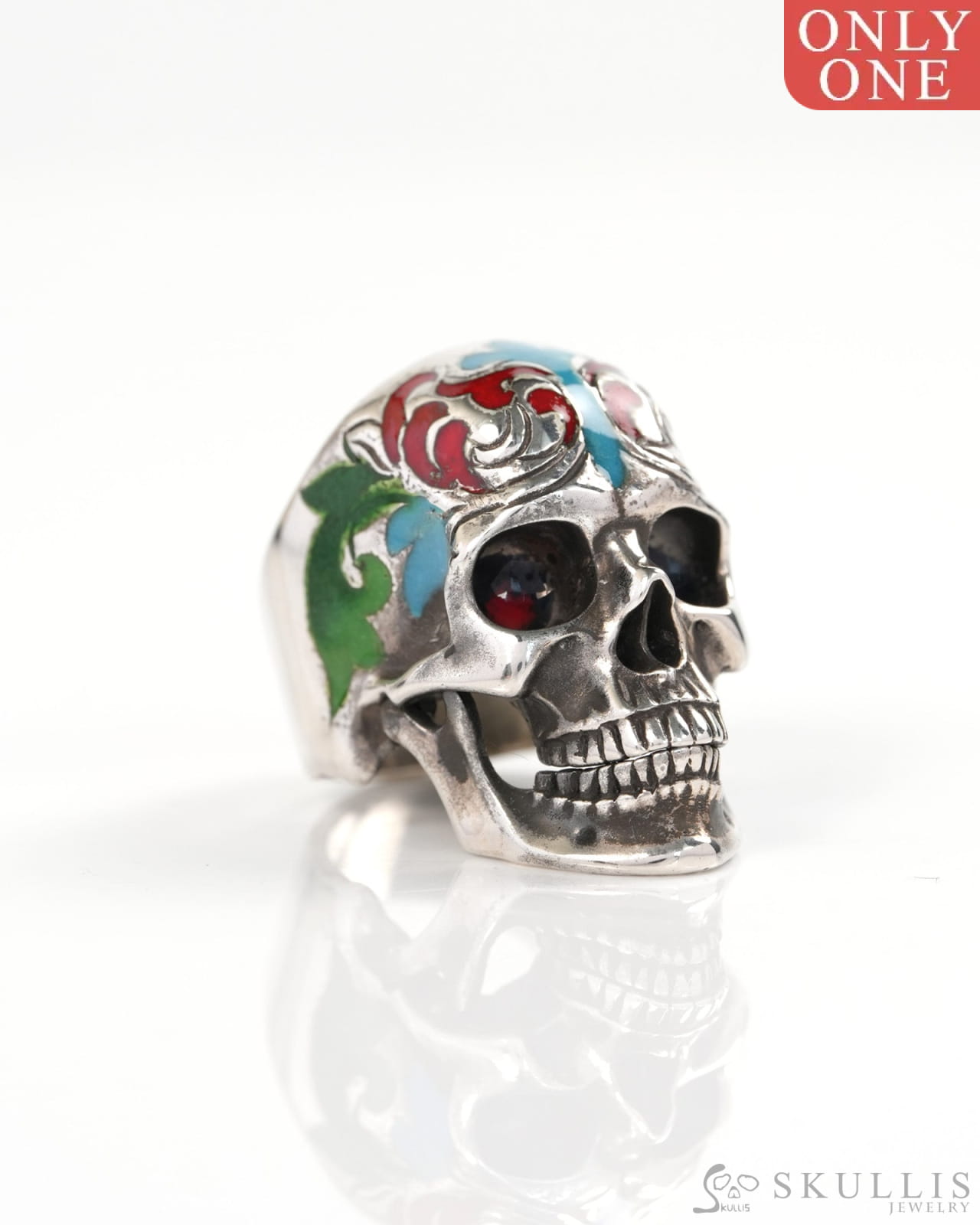 Vein of Life - Gem Skull Ring of Cloisonné with 925 Sterling Silver Carved Skull US size 8 - Y9900375 - Skull Rings